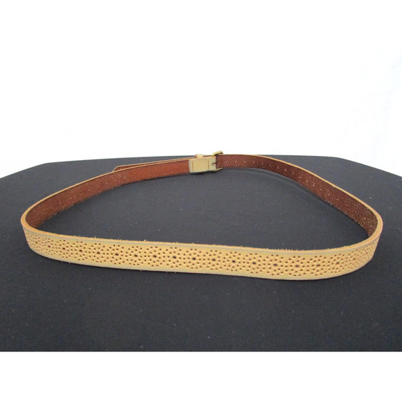 J Crew Beige Tan Perforated Leather Brass Buckle Belt Women Sz L, 34"-38" - Picture 5 of 9